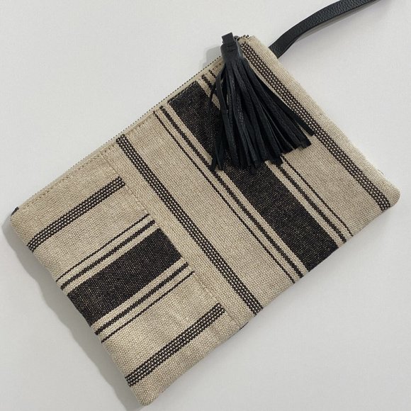 J. Jill Handbags - J. Jill Wristlet Wrist Strap Carrying Bag Purse Natural Beige Black Stripe Jute